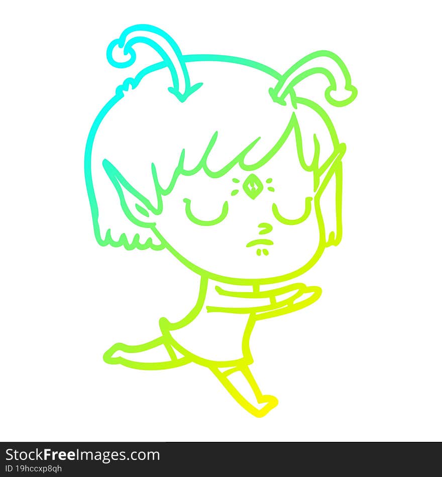 cold gradient line drawing of a cartoon alien girl