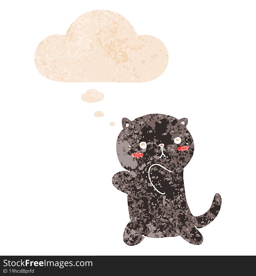 cute cartoon cat and thought bubble in retro textured style