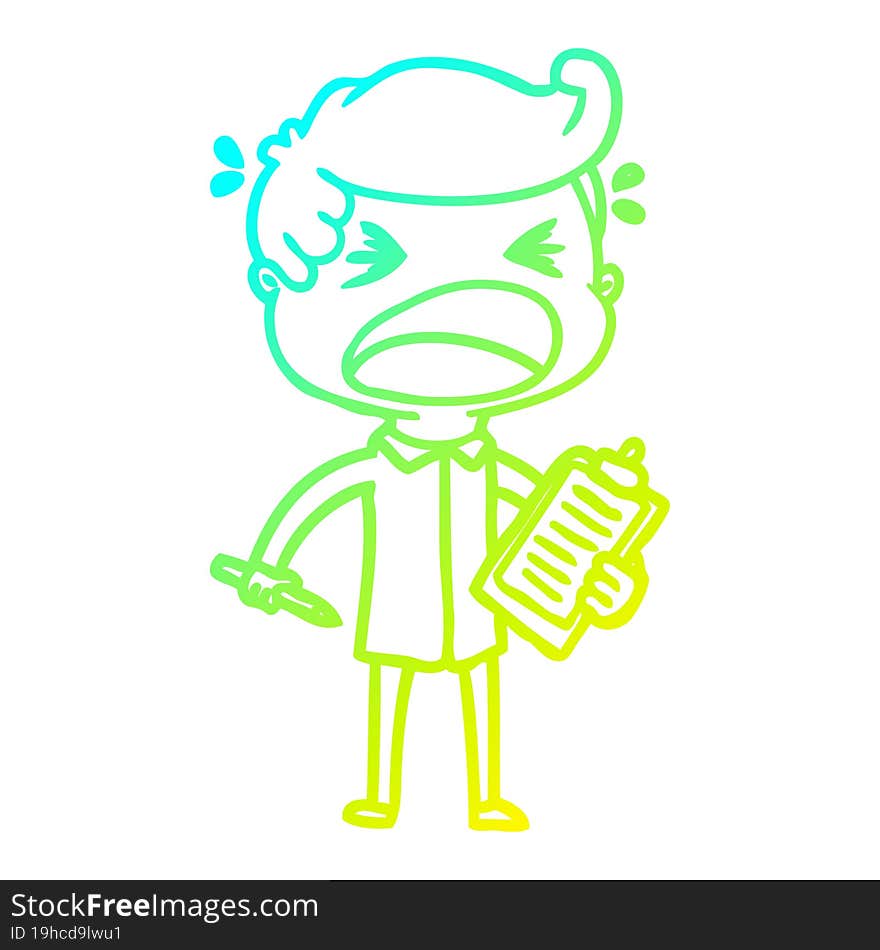 cold gradient line drawing of a cartoon shouting salesman