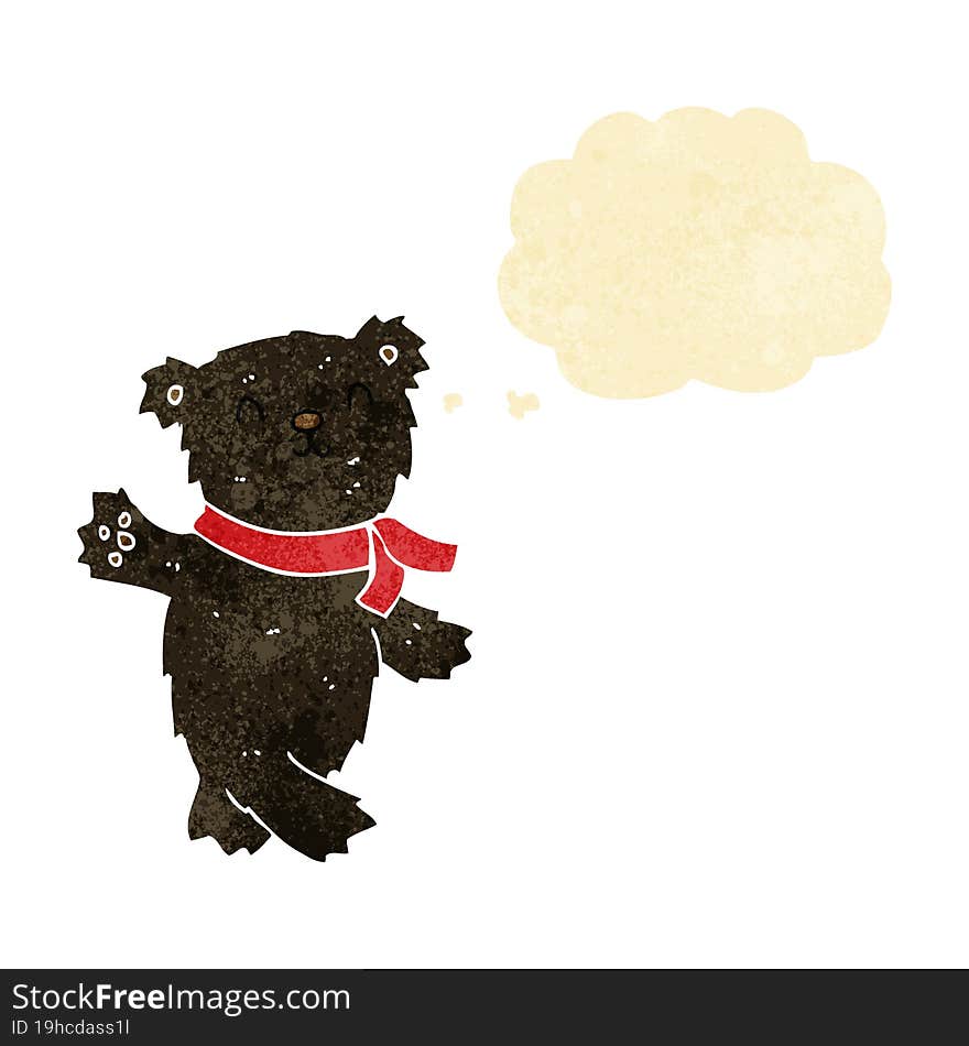 cartoon waving teddy black bear with thought bubble