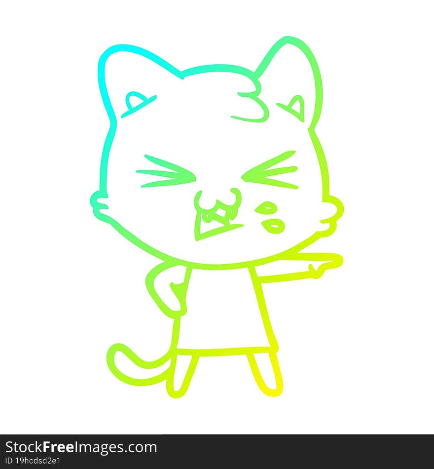 cold gradient line drawing of a cartoon cat hissing