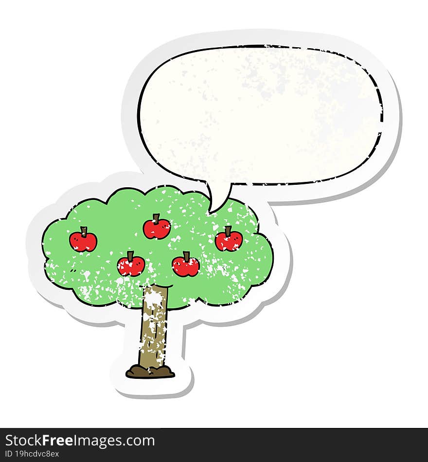 cartoon apple tree with speech bubble distressed distressed old sticker. cartoon apple tree with speech bubble distressed distressed old sticker