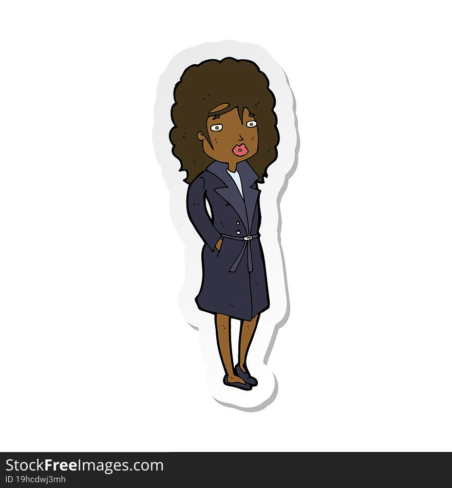 sticker of a cartoon woman in trench coat