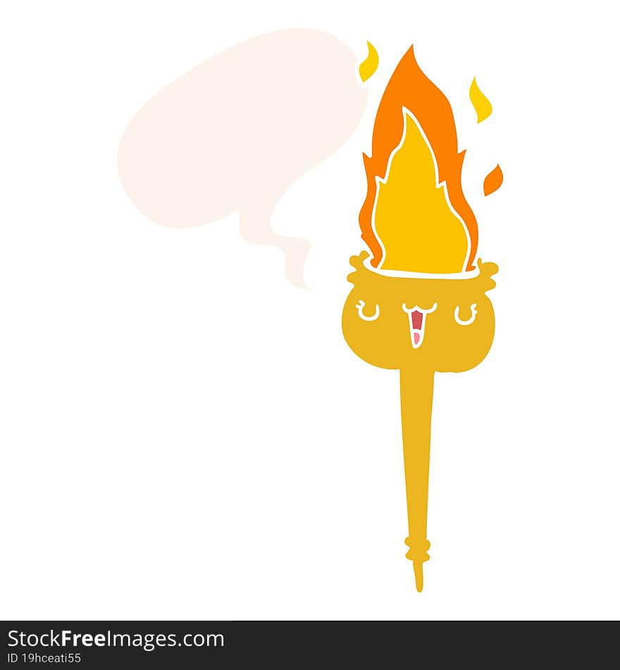 Cartoon Flaming Torch And Speech Bubble In Retro Style