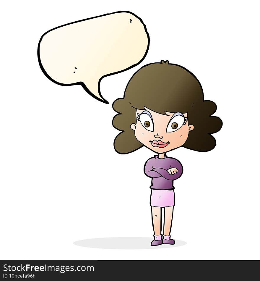 cartoon happy woman with folded arms with speech bubble