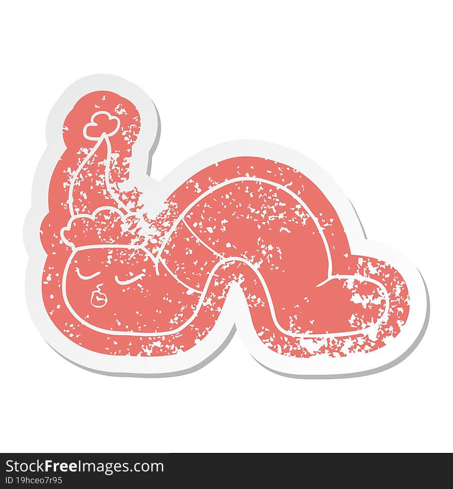 cartoon distressed sticker of a worm wearing santa hat