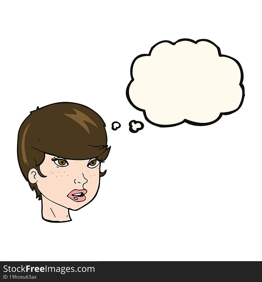 cartoon pretty female face with thought bubble