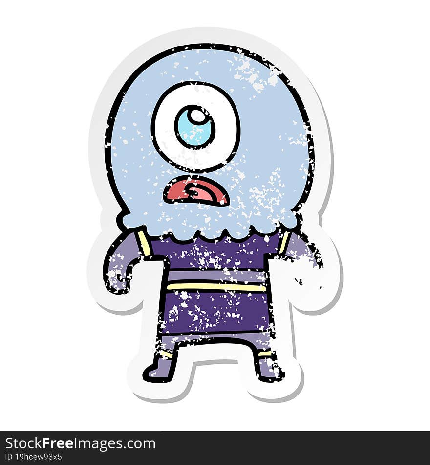 Distressed Sticker Of A Cartoon Cyclops Alien Spaceman