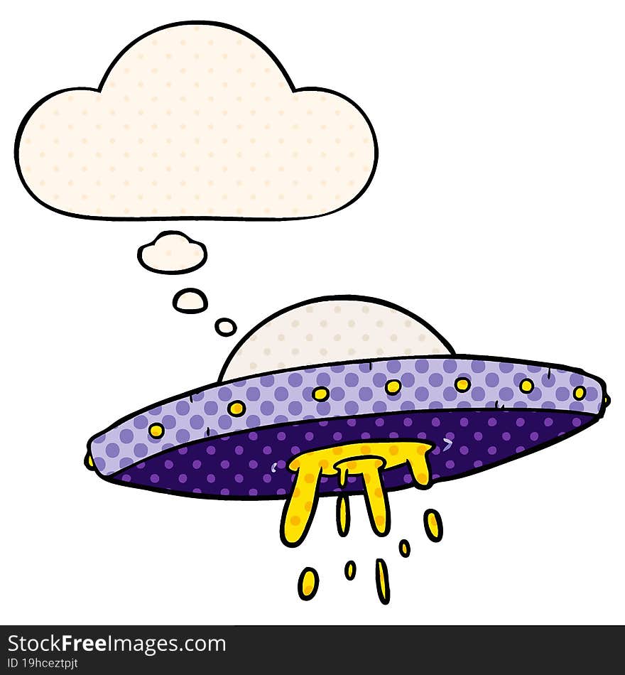 cartoon flying UFO and thought bubble in comic book style