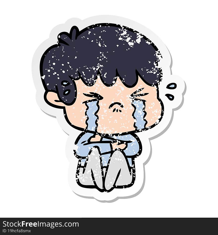 distressed sticker of a cartoon boy crying