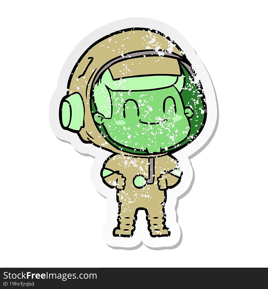 distressed sticker of a happy cartoon astronaut man