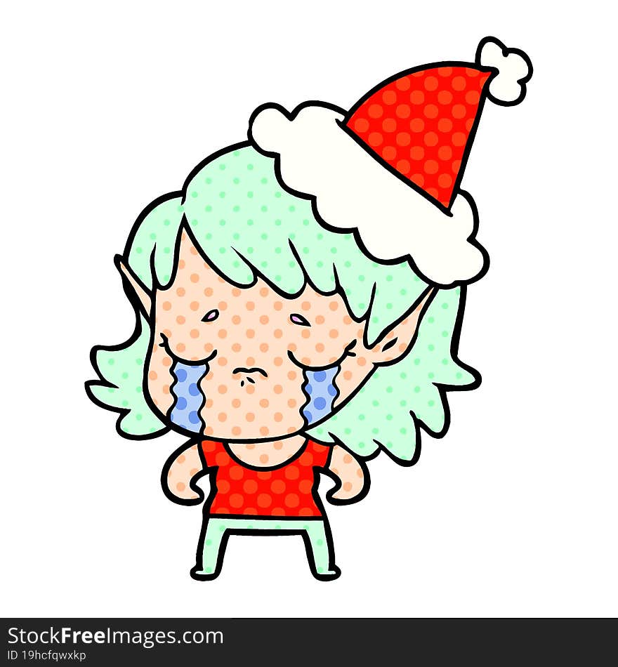 comic book style illustration of a crying elf girl wearing santa hat