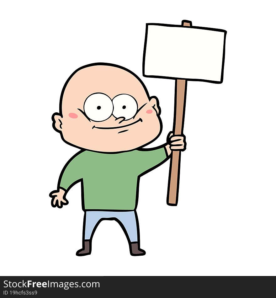 cartoon bald man staring with sign. cartoon bald man staring with sign