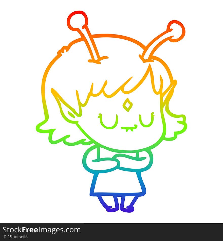 rainbow gradient line drawing of a cartoon alien girl