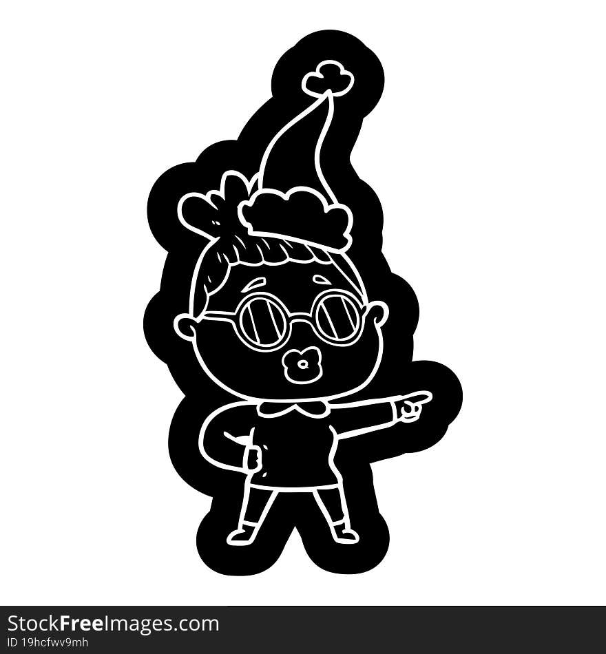 Cartoon Icon Of A Pointing Woman Wearing Spectacles Wearing Santa Hat