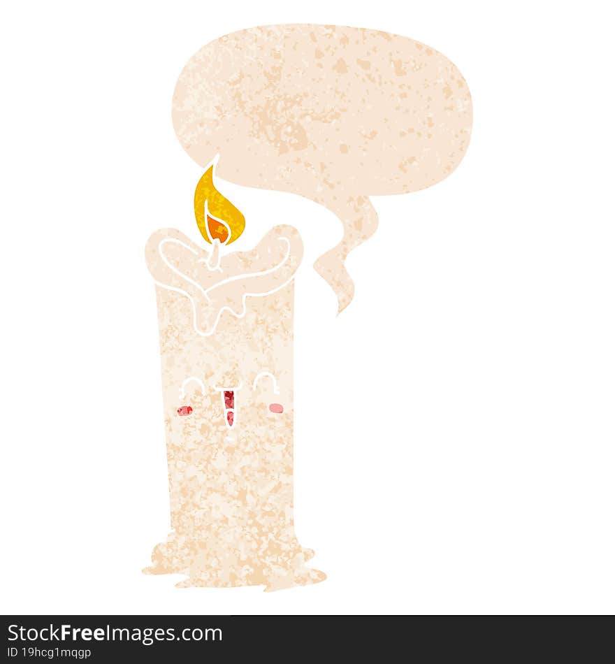 cartoon happy candle and speech bubble in retro textured style