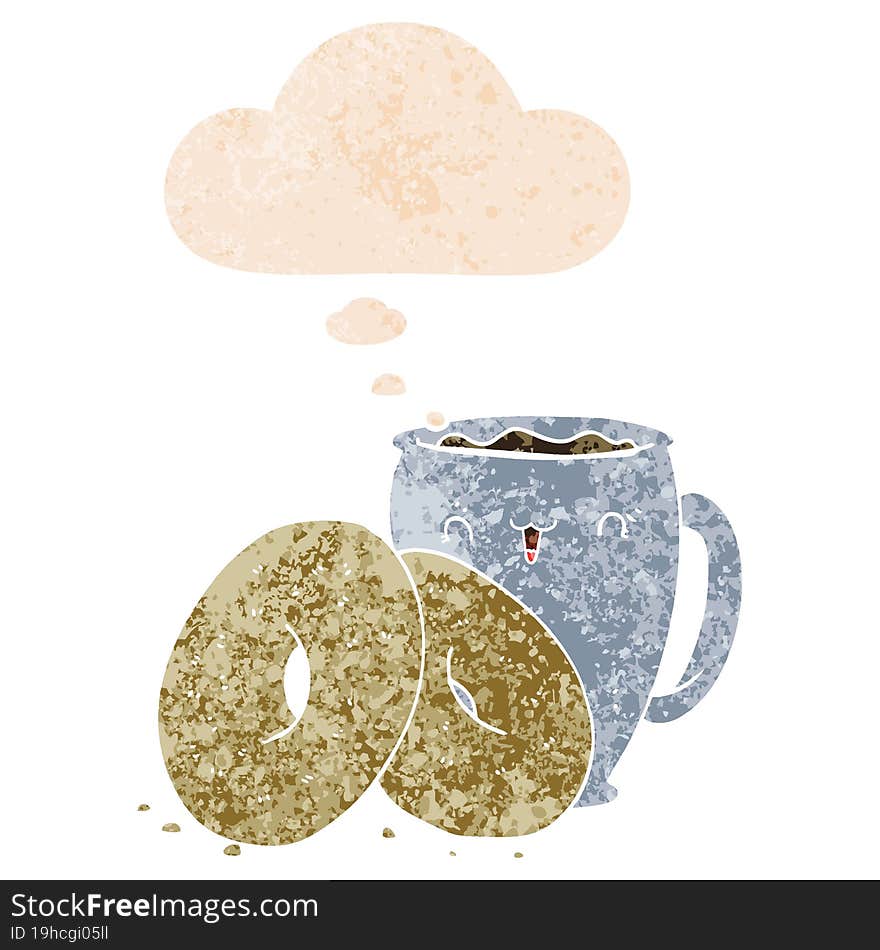 cartoon coffee and donuts and thought bubble in retro textured style