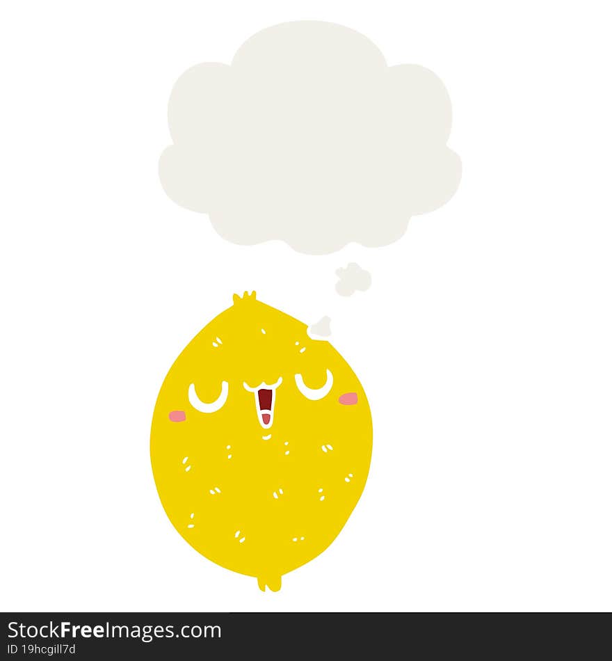 cartoon happy lemon and thought bubble in retro style