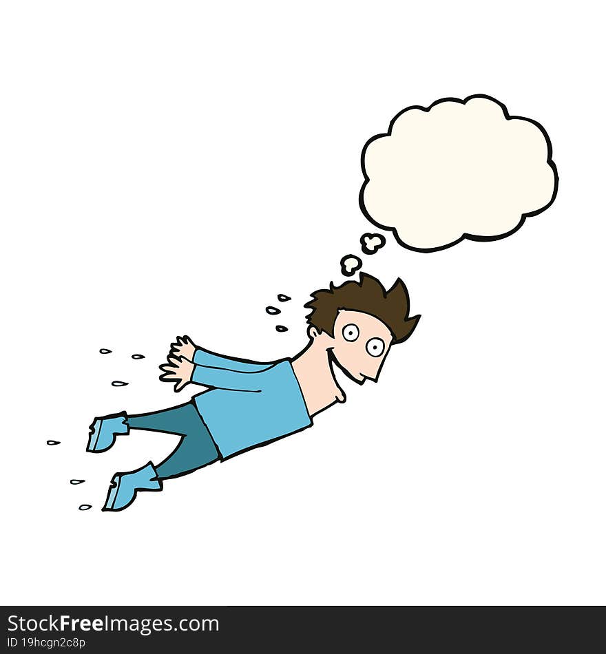 cartoon drenched man flying with thought bubble