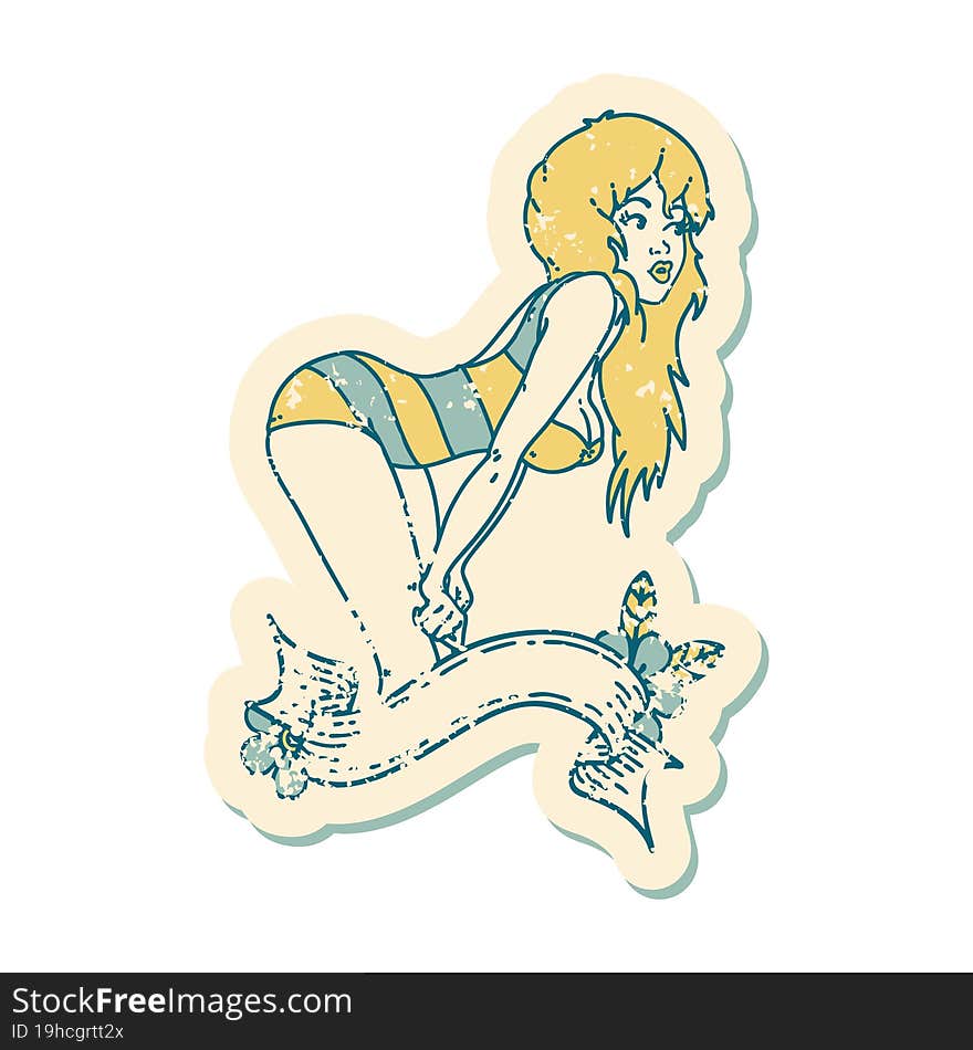 distressed sticker tattoo style icon  of a pinup girl in swimming costume with banner