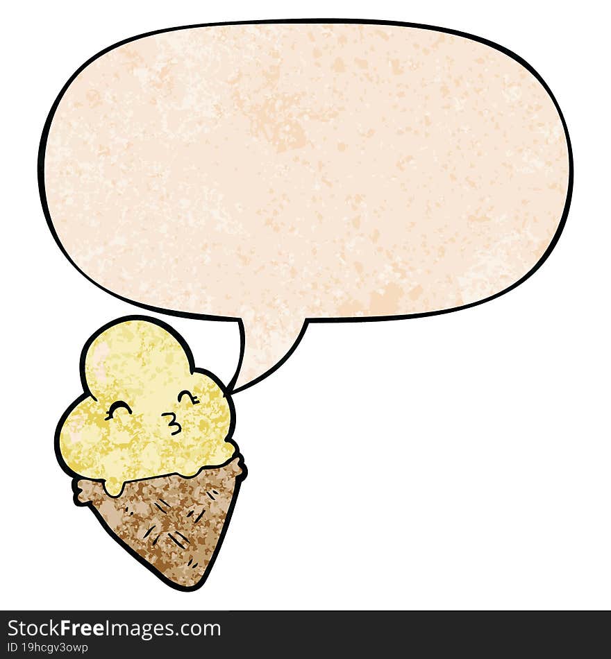 cartoon ice cream with speech bubble in retro texture style