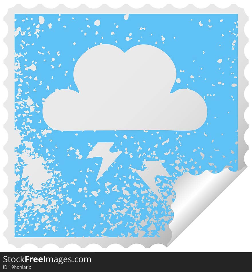 distressed square peeling sticker symbol of a thunder cloud