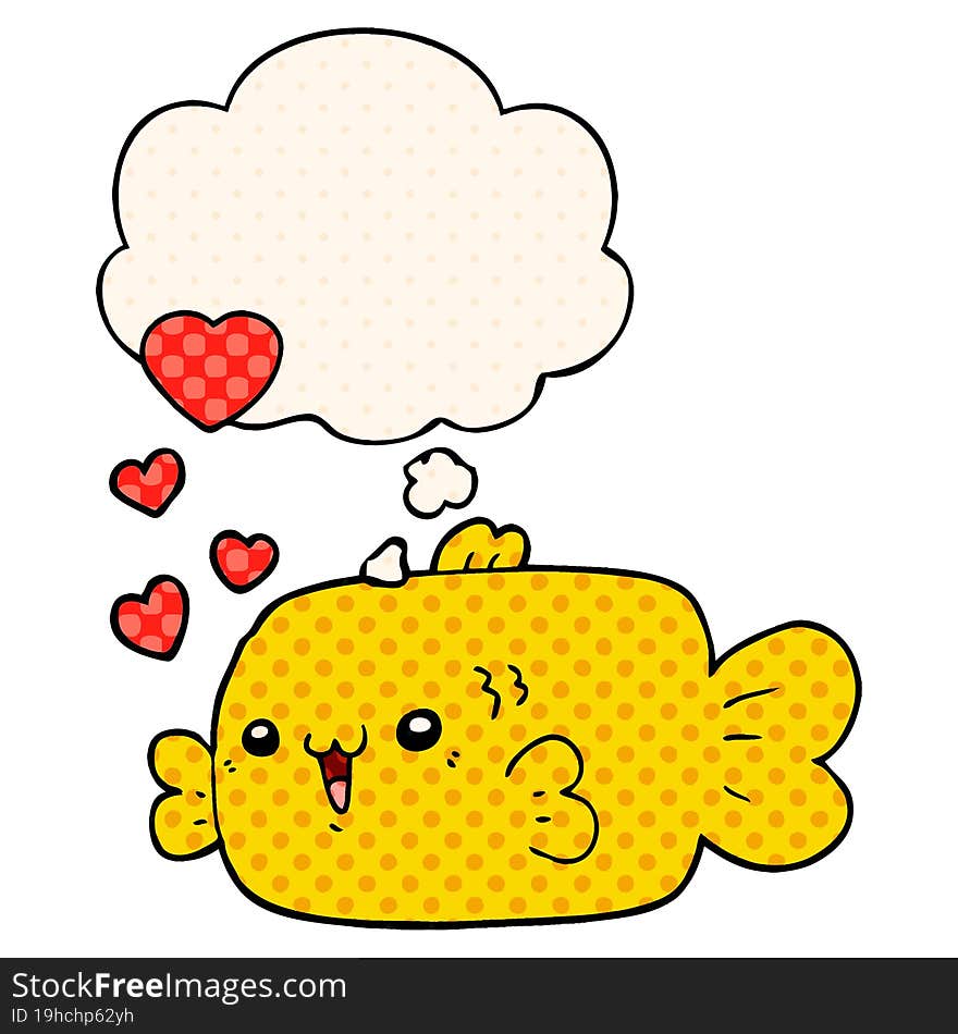 Cute Cartoon Fish With Love Hearts And Thought Bubble In Comic Book Style