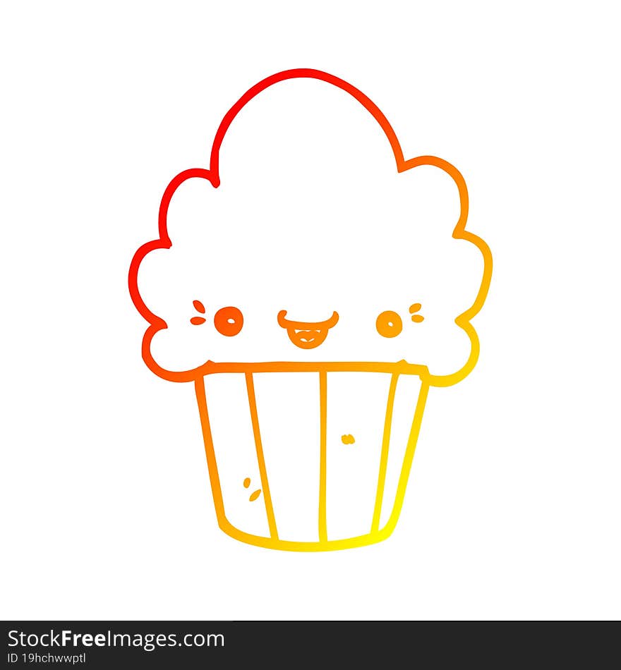 warm gradient line drawing of a cartoon cupcake with face