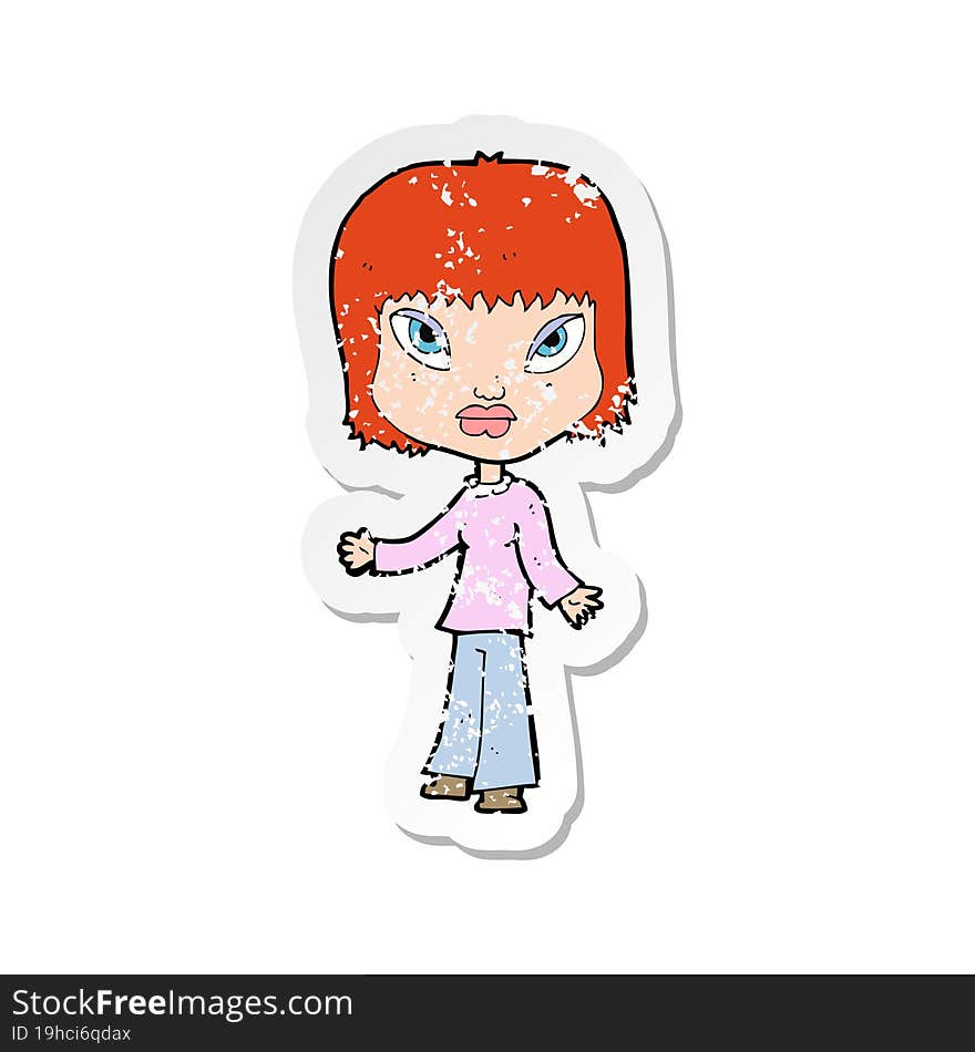 retro distressed sticker of a cartoon woman with open arms