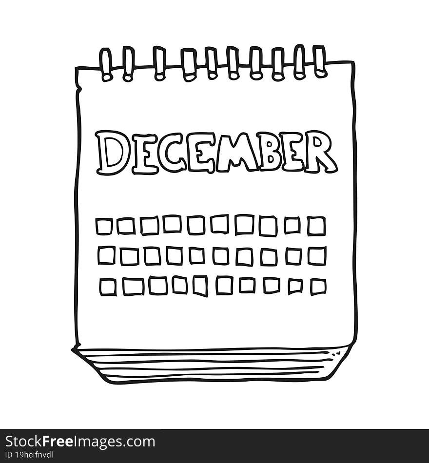 freehand drawn black and white cartoon calendar showing month of December