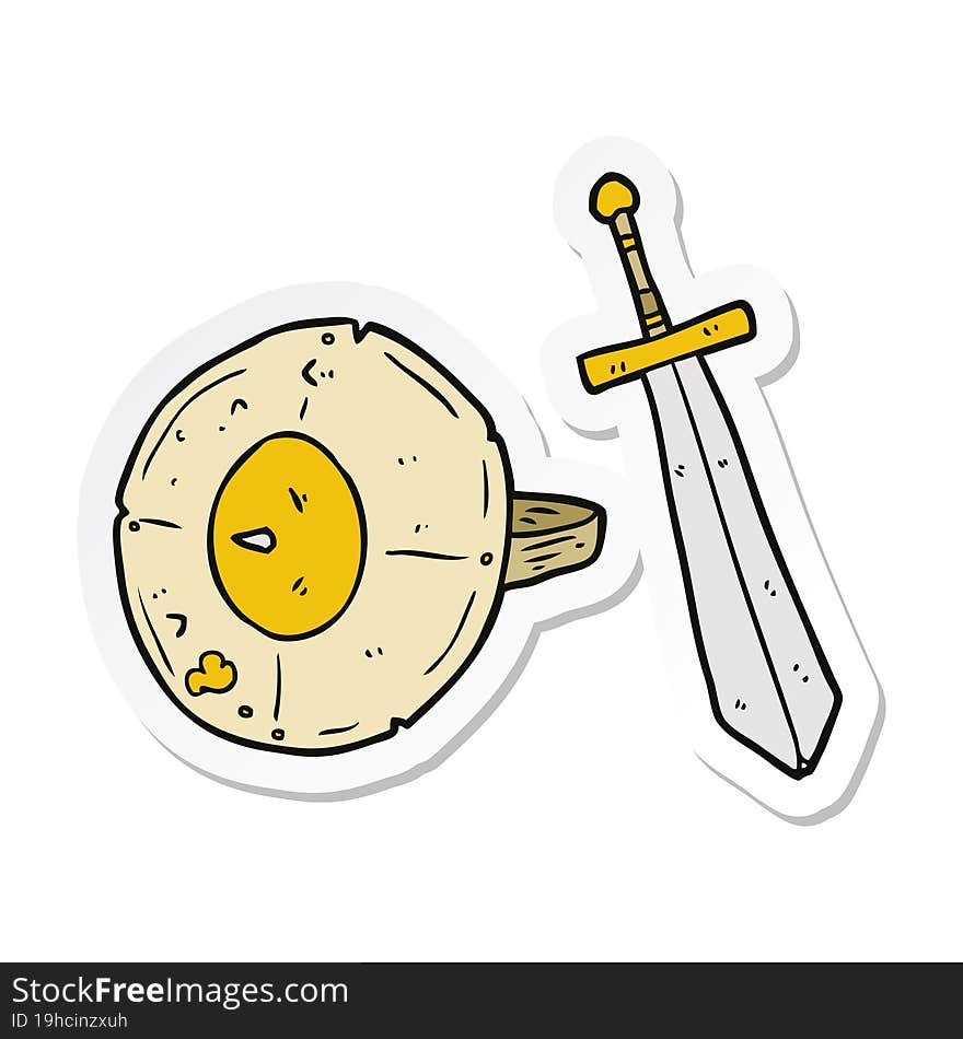 sticker of a cartoon shield and sword