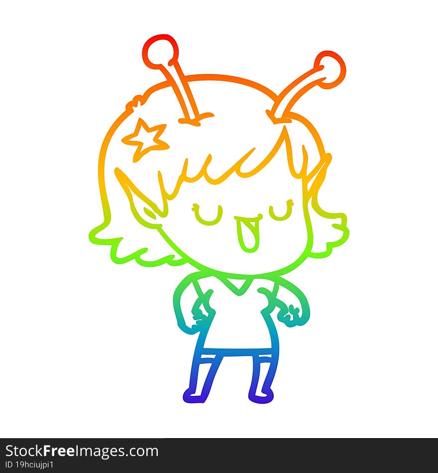 Rainbow Gradient Line Drawing Happy Alien Girl Cartoon Laughing