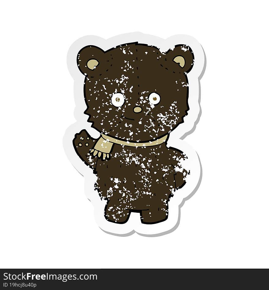 retro distressed sticker of a cute cartoon black bear waving