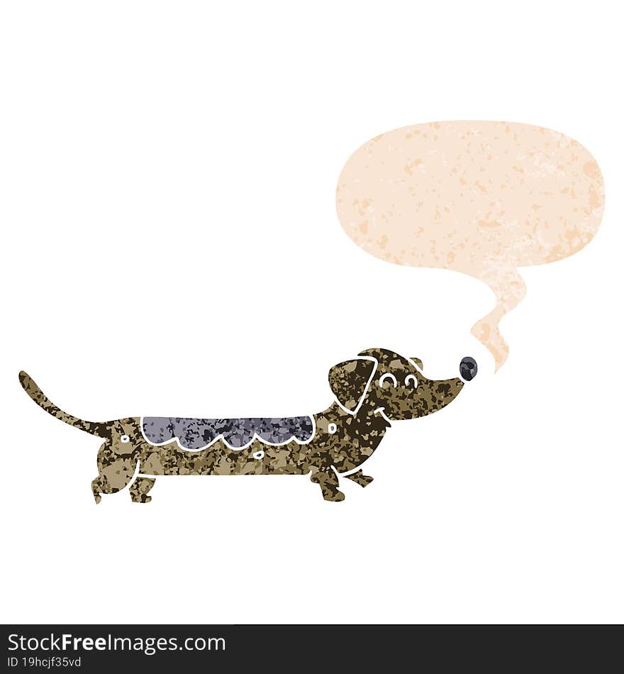 cartoon dog and speech bubble in retro textured style