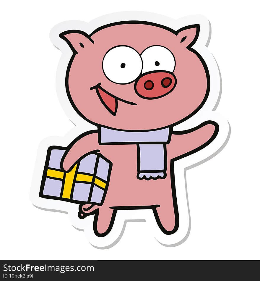 sticker of a cheerful pig with christmas gift