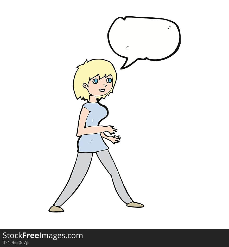 cartoon woman walking with speech bubble