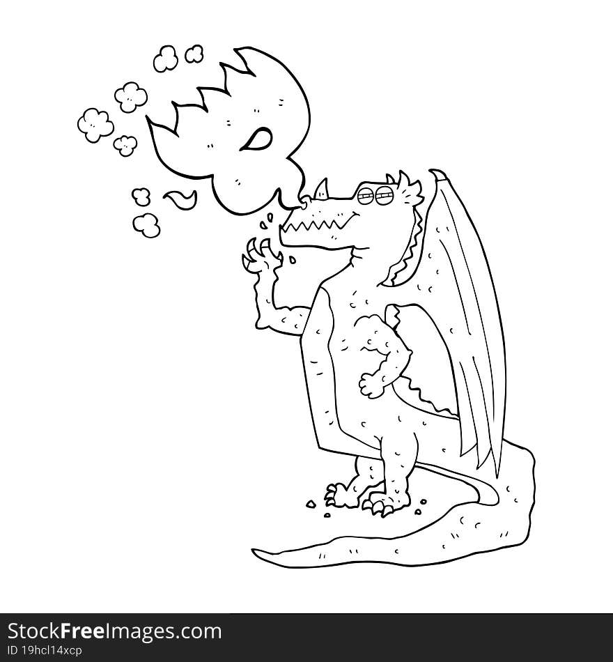 freehand drawn black and white cartoon happy dragon breathing fire