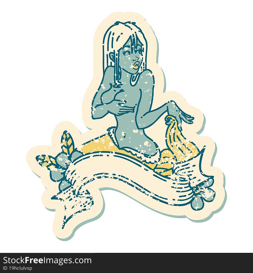 distressed sticker tattoo style icon of a pinup mermaid with banner