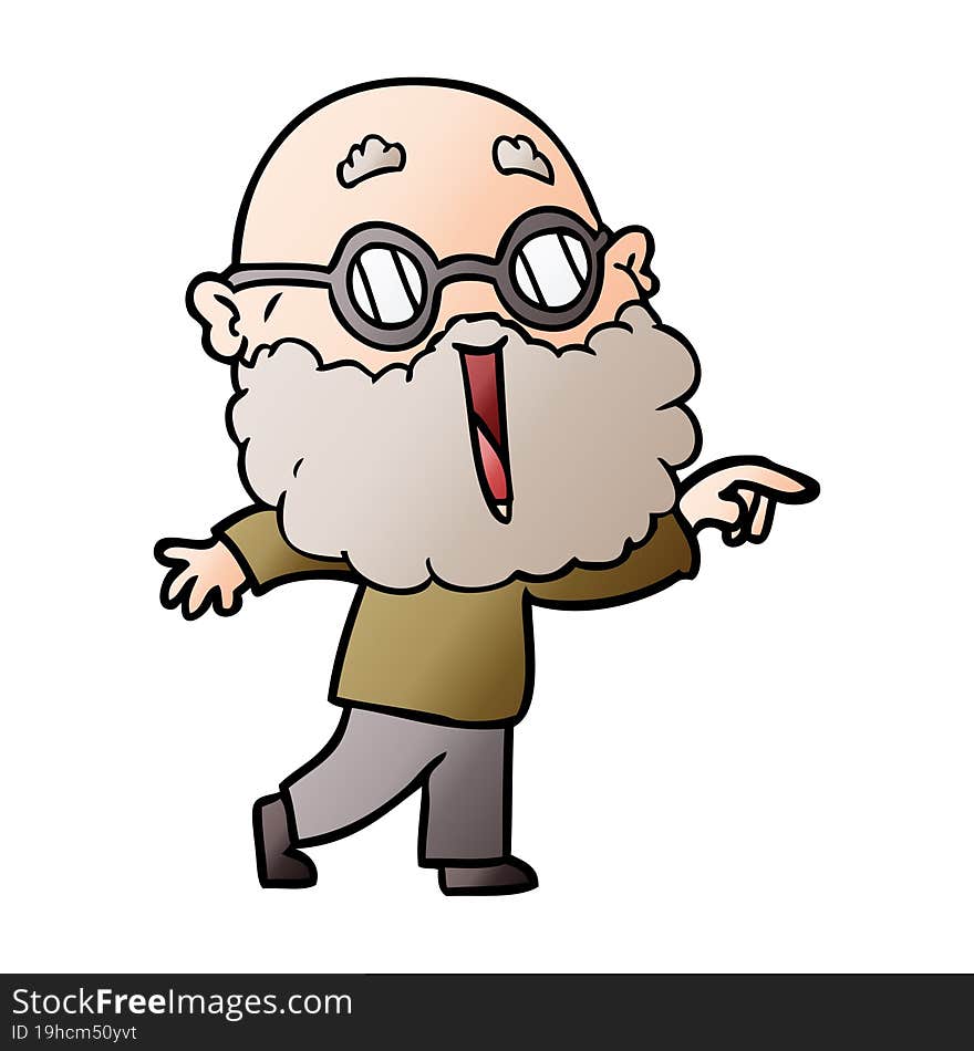 cartoon joyful man with beard pointing finger. cartoon joyful man with beard pointing finger