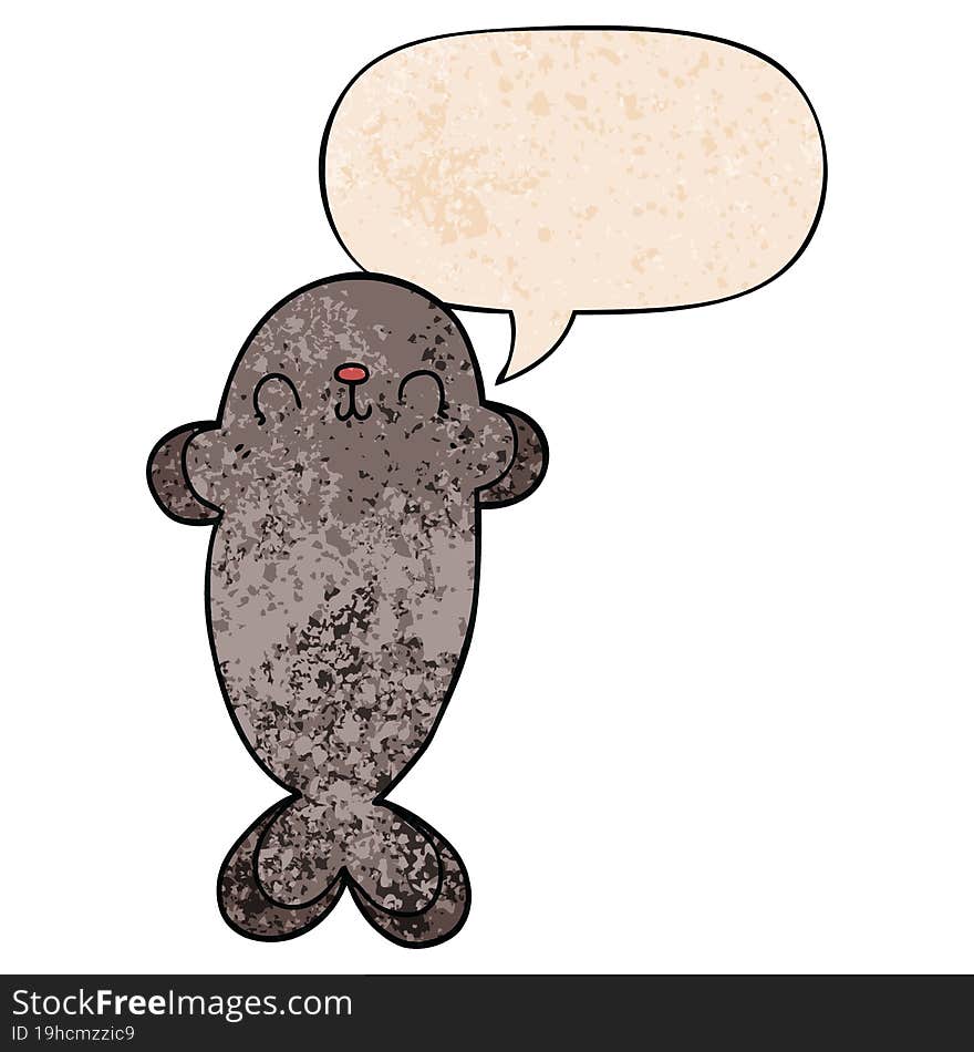 cartoon seal and speech bubble in retro texture style