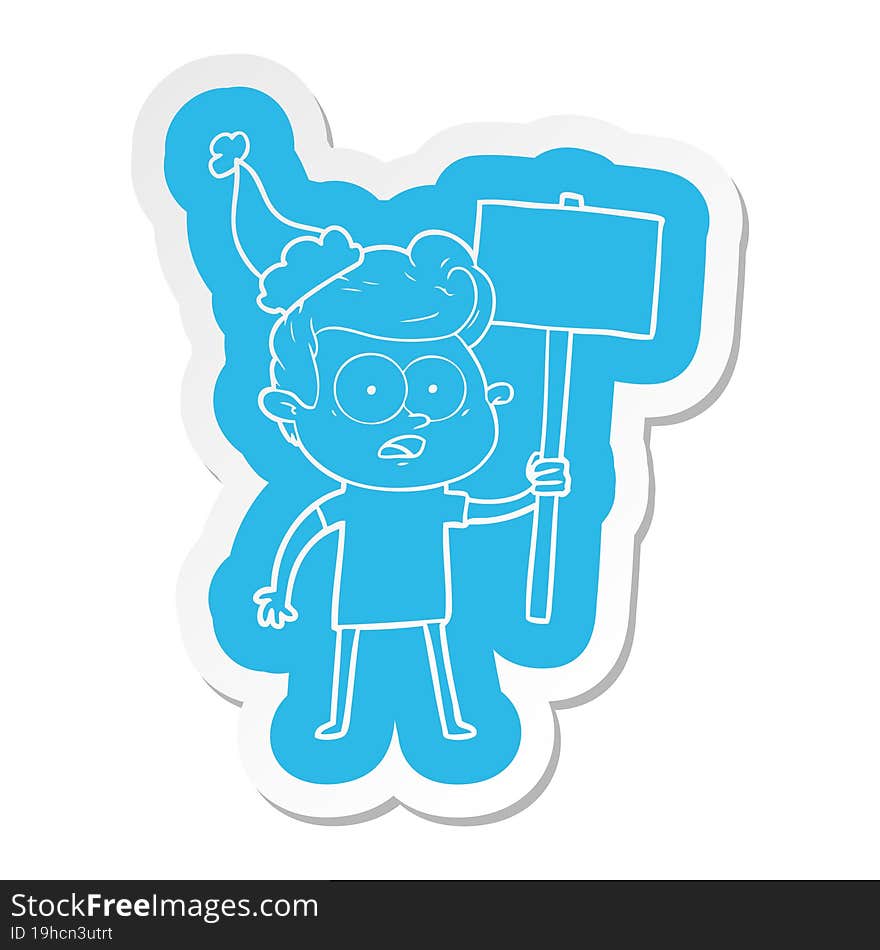 cartoon  sticker of a staring man wearing santa hat