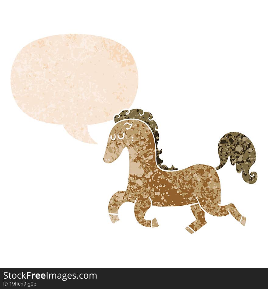 Cartoon Horse Running And Speech Bubble In Retro Textured Style