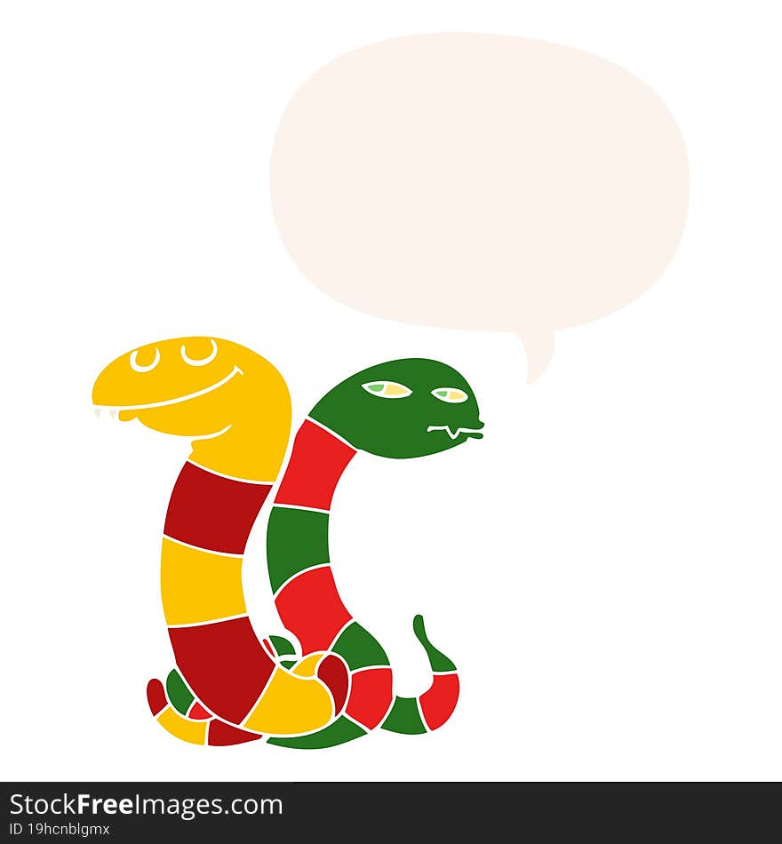 cartoon snakes with speech bubble in retro style