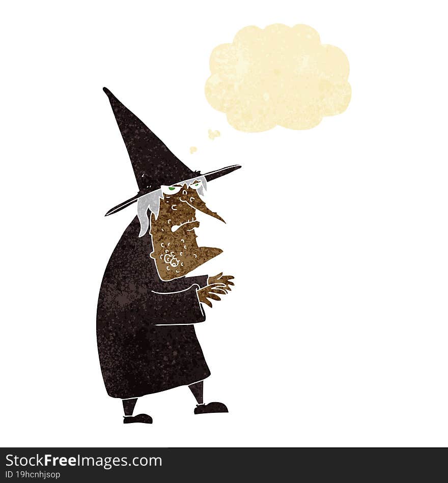 cartoon ugly old witch with thought bubble