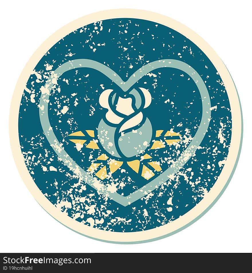 iconic distressed sticker tattoo style image of a heart and flowers. iconic distressed sticker tattoo style image of a heart and flowers