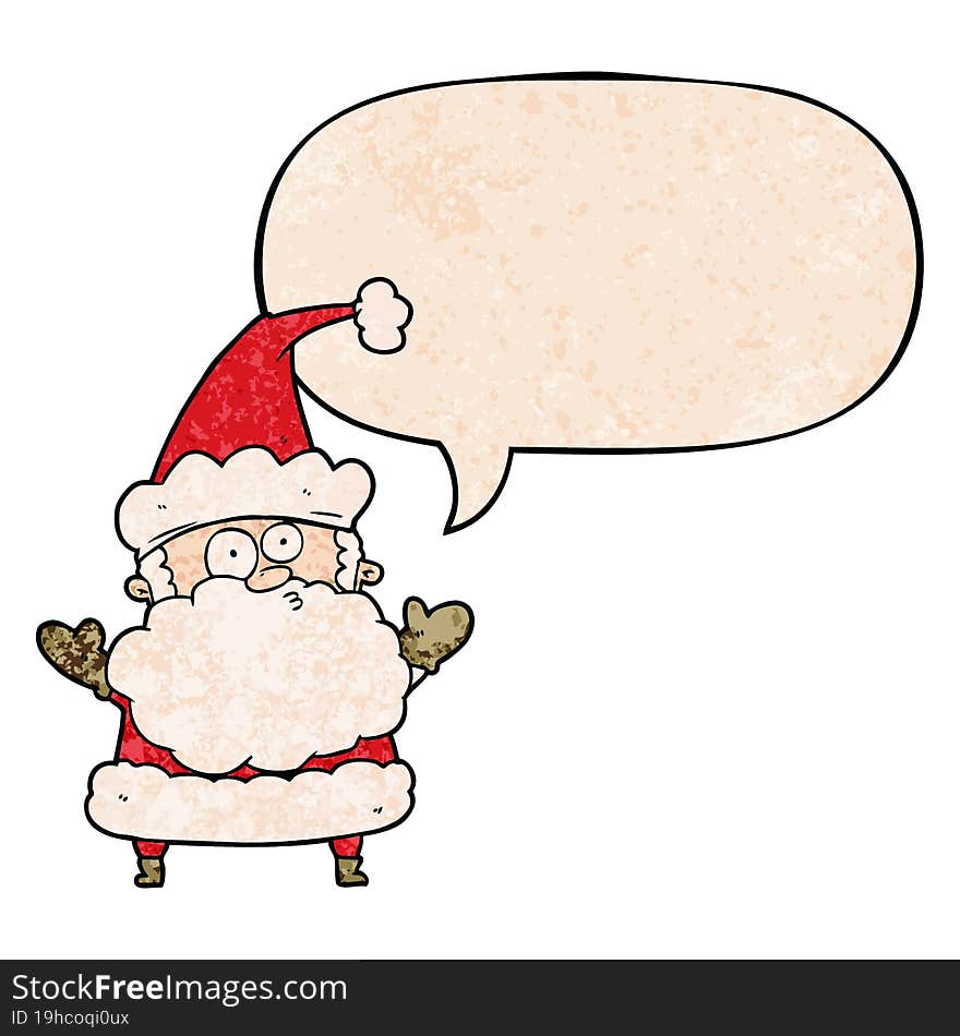 cartoon confused santa claus shurgging shoulders and speech bubble in retro texture style