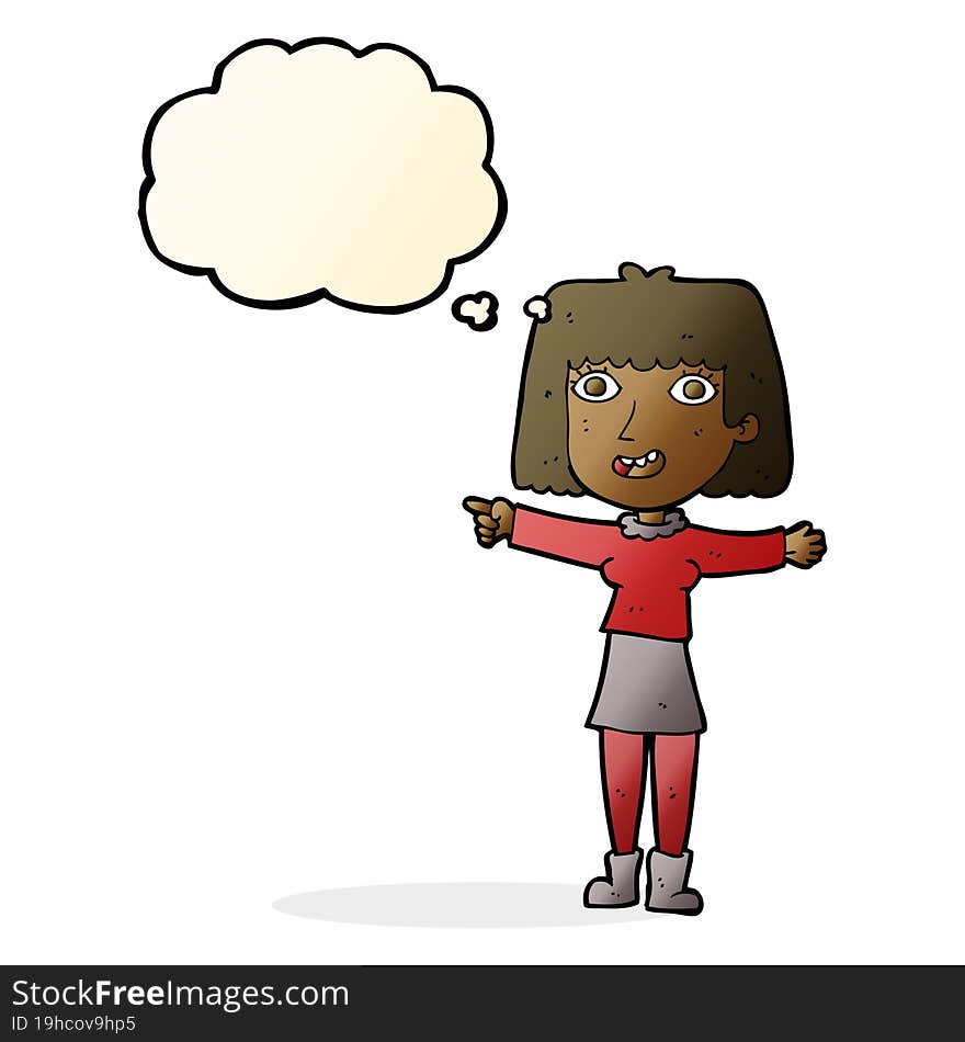 cartoon happy woman pointing with thought bubble