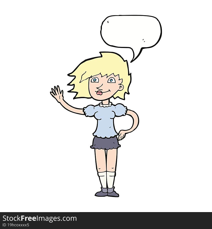 Cartoon Woman Waving With Speech Bubble