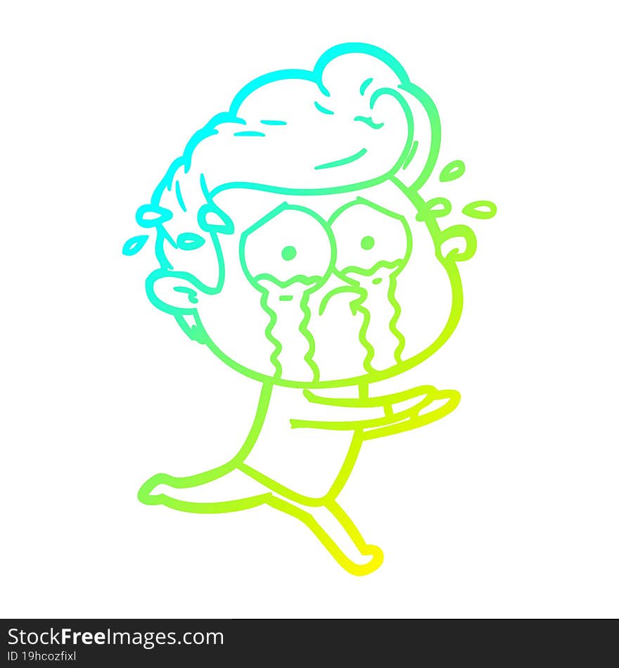 cold gradient line drawing of a cartoon crying man running