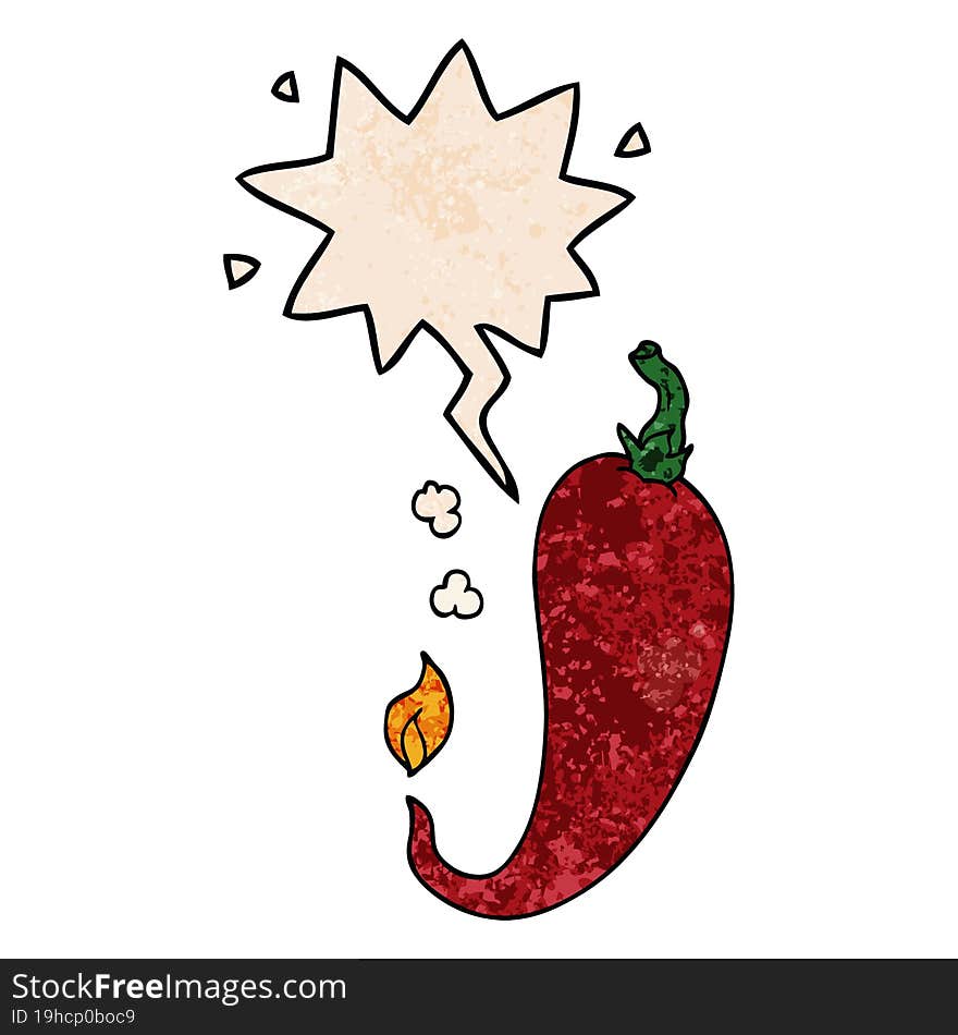 cartoon chili pepper and speech bubble in retro texture style